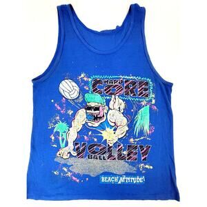 Vintage 1991 Beach Attitude Volleyball Tank Top Neon Graphic Single Stitch